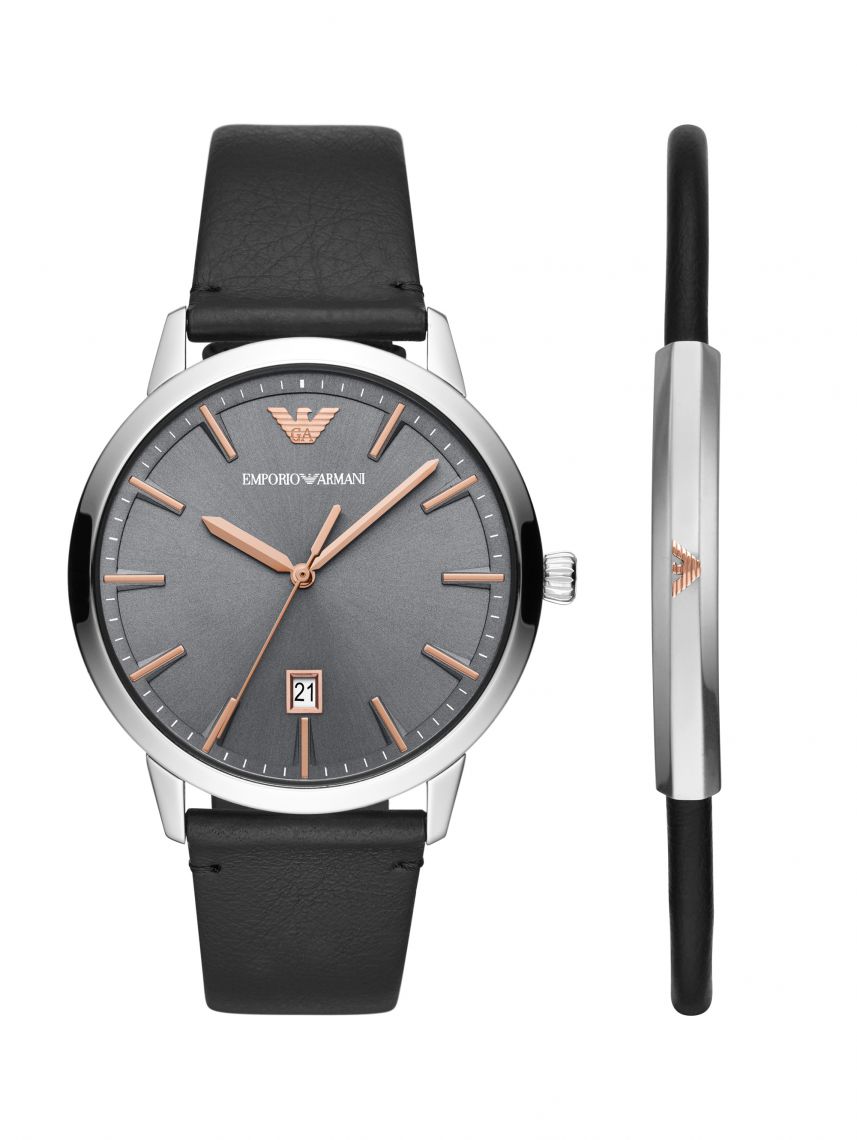 סט שעון ARMANI וצמיד לגבר עם רצועת עור דגם AR80026