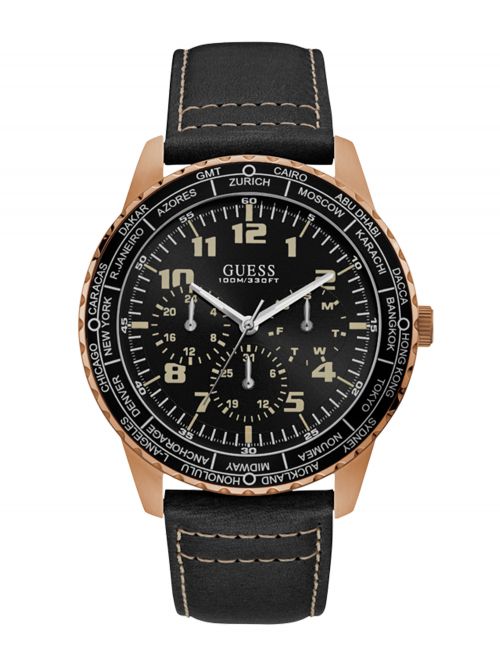 שעון יד GUESS לגברים עם רצועת עור קולקציית PIONEER דגם W1170G2