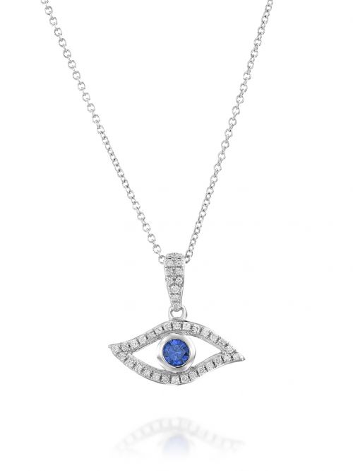 תליון מזהב לבן  14 קארט 39 יהלומים 0.12 קארט G-SI בצורת עין עם אבן  רוסיאן