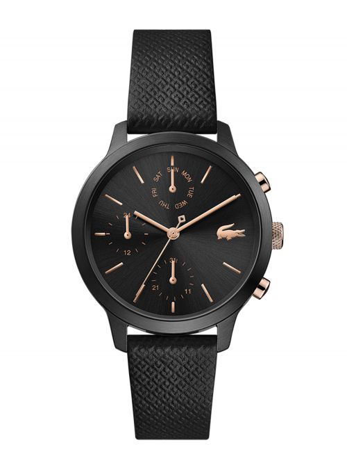 שעון יד LACOSTE לאישה רצועת עור בצבע שחור דגם 2001153