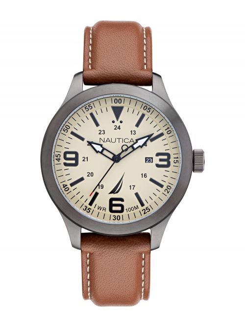שעון יד NAUTICA לגבר רצועת עור חומה דגם NAPPLS018